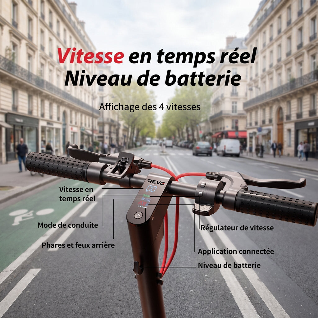 Trottinette électrique REVO Pulse – 750 W – Autonomie 45 km – Batterie 48 V 14 Ah – Pneus 9,3" – 4 modes