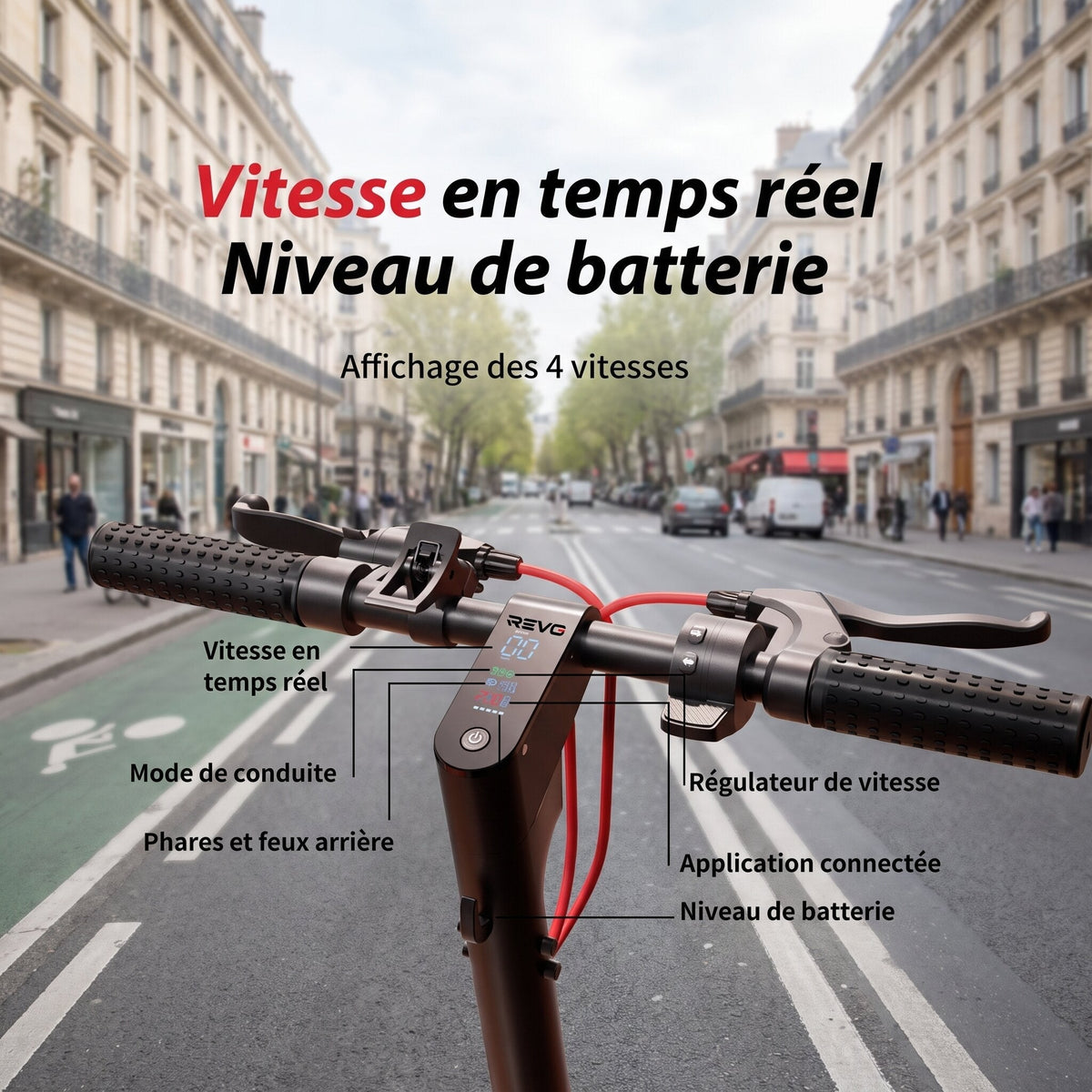 Trottinette électrique REVO Pulse – 750 W – Autonomie 45 km – Batterie 48 V 14 Ah – Pneus 9,3" – 4 modes