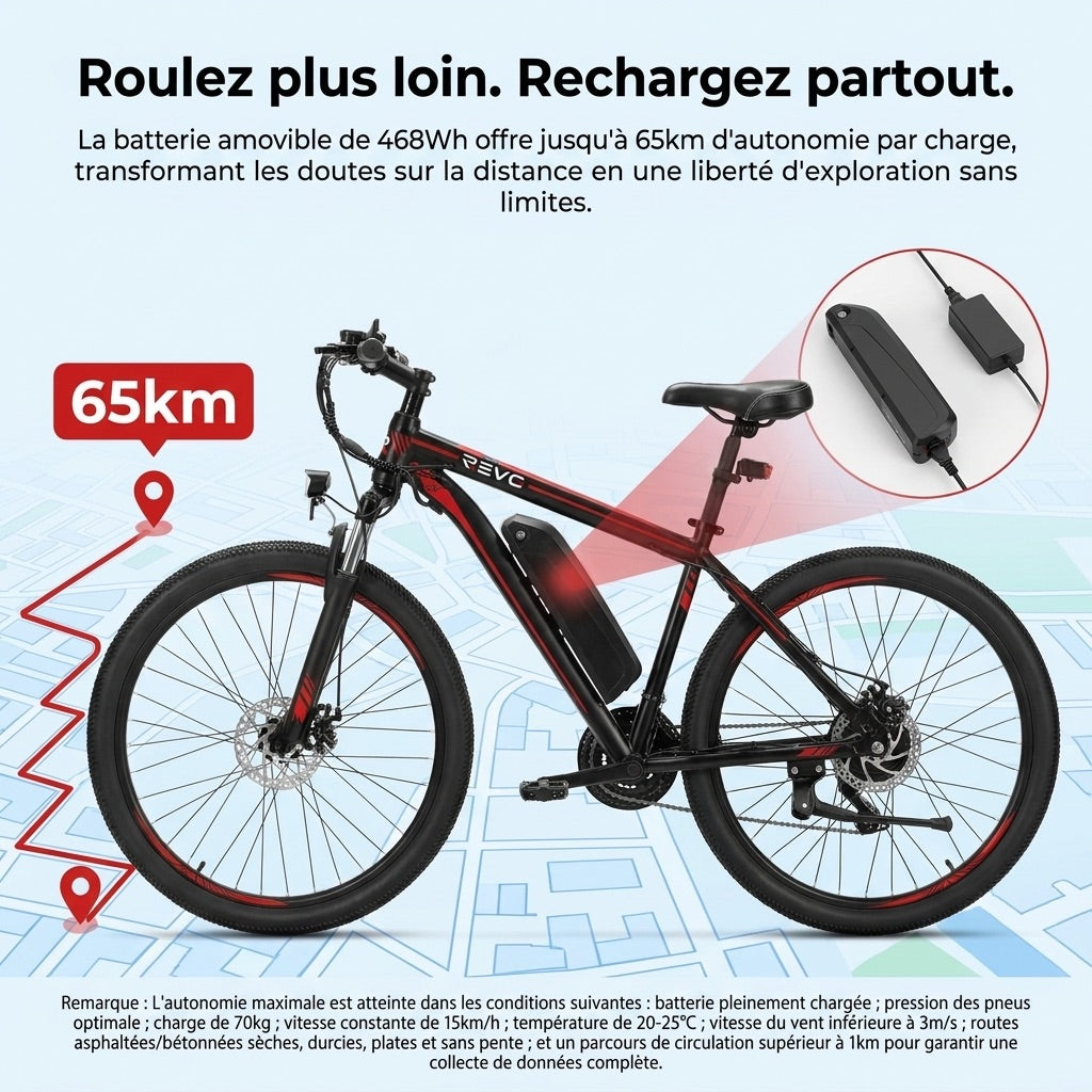 VTT électrique REVO Ridge 65 – 250 W – Jusqu'à 65 km d'autonomie – Batterie amovible 13 Ah – 21 vitesses – Pneus 26"