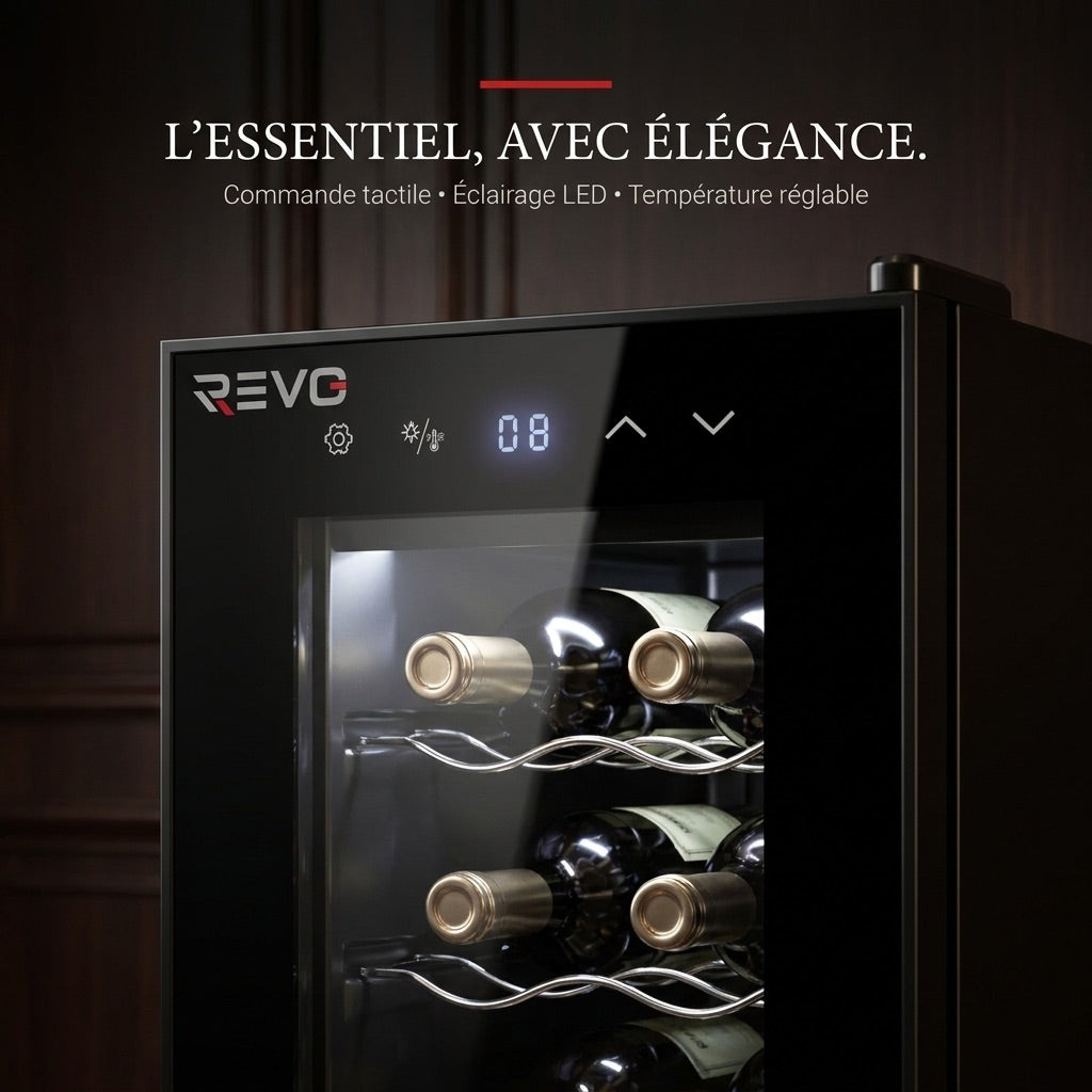 Cave à vin REVO Origine – 8 bouteilles – 21 L – Température réglable de 8 à 18 °C – Commande tactile – 35 dB