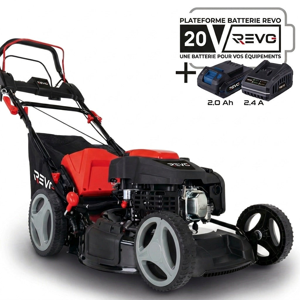 Tondeuse Thermique Tractée REVO Dominus 53 – 224 cm³ / 6 CV – Coupe 53 cm – Démarrage Électrique 20 V – Bac 65 L – Jusqu’à 1 800 m²