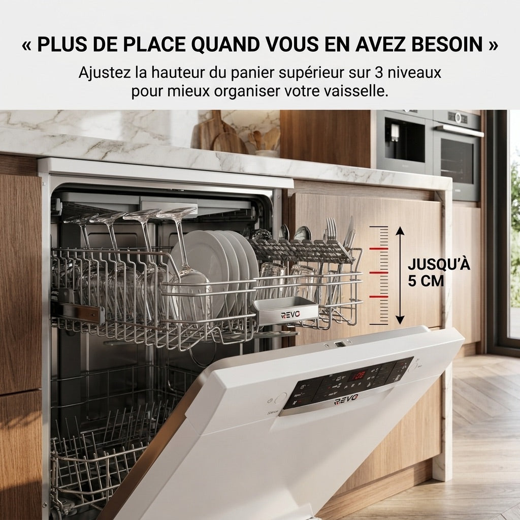 Lave-Vaisselle REVO Clario – 60 cm – 6 Programmes – Séchage Extra – 48 dB – Panier Réglable 3 Niveaux