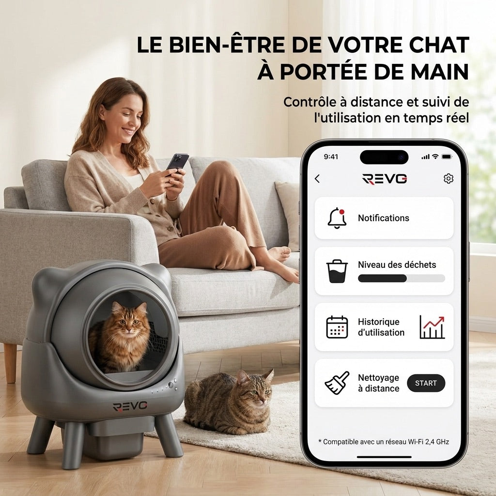 Litière autonettoyante pour chats REVO Nuvia 88 – Capacité 80 + 8 L – Application, sécurité 10 niveaux et élimination des odeurs