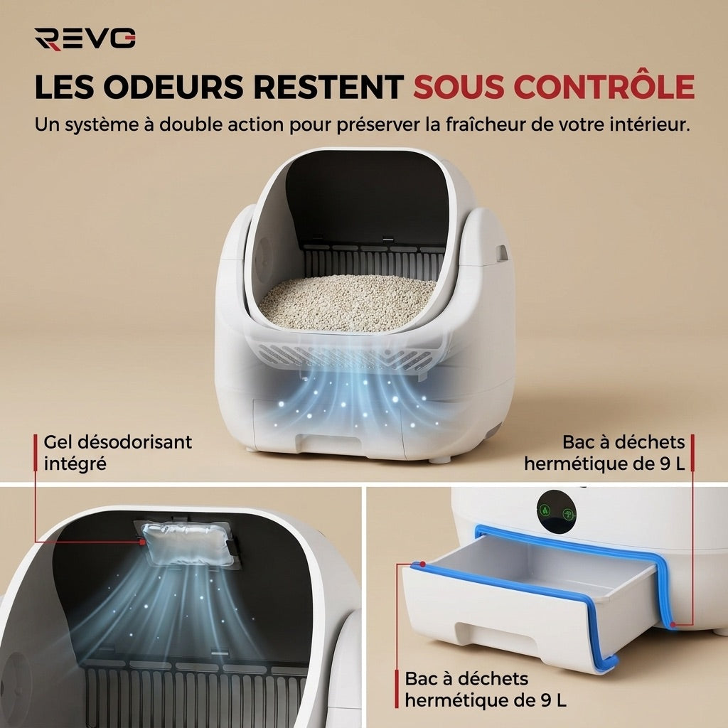 Litière autonettoyante pour chats REVO Alvya 9 – Conception ouverte – Bac hermétique 9 L – Application Wi-Fi et nettoyage en profondeur