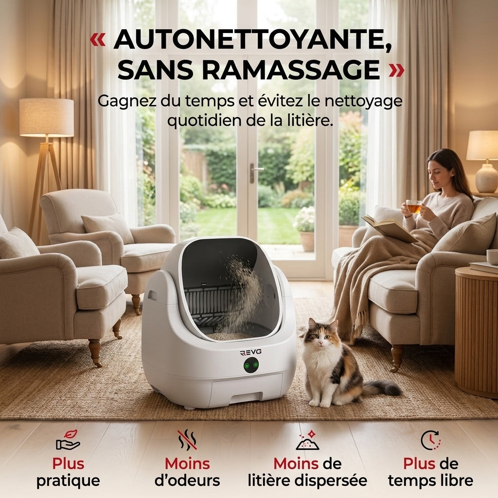 Litière autonettoyante pour chats REVO Alvya 9 – Conception ouverte – Bac hermétique 9 L – Application Wi-Fi et nettoyage en profondeur