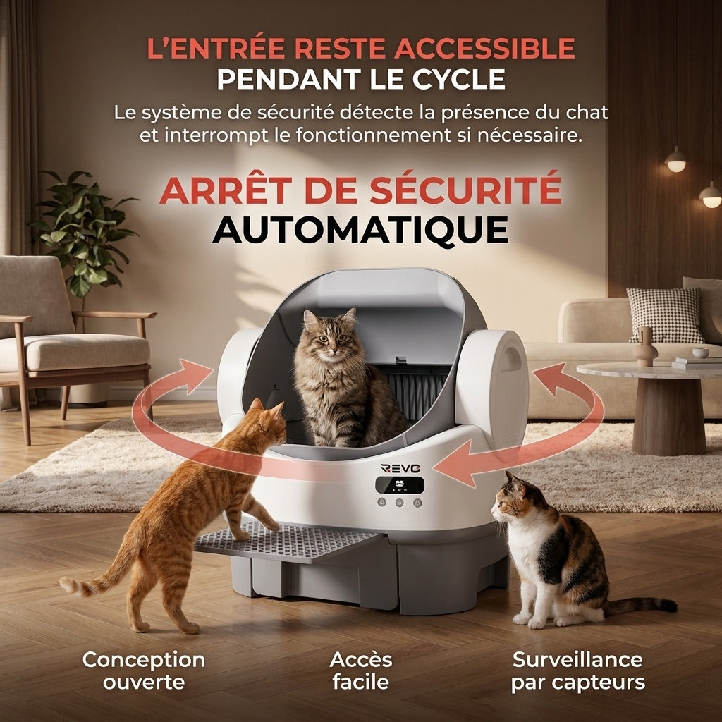 Litière autonettoyante pour chats REVO Selya 12 – Bac 12 L – Application – 6 capteurs de sécurité – Conception XXL ouverte