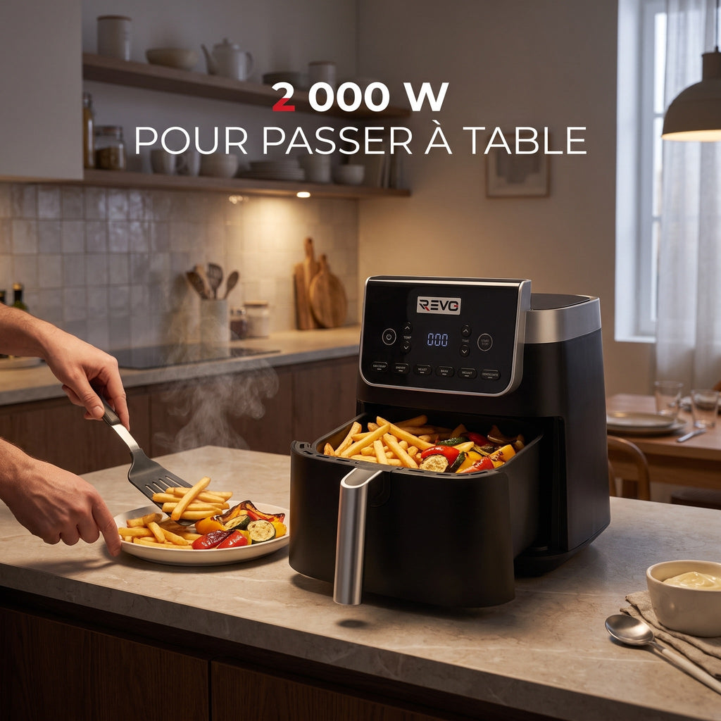 Friteuse à air chaud REVO Crispéo 6 – 2 000 W – Capacité 6,2 L – 6 fonctions de cuisson – Température réglable jusqu’à 180 °C