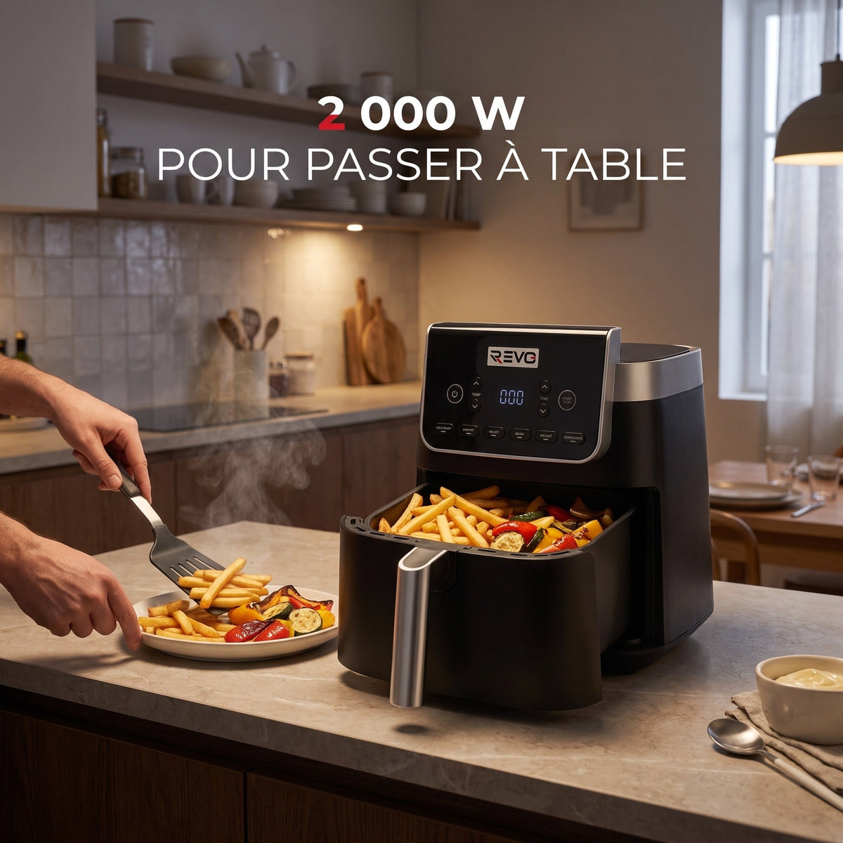 Friteuse à air chaud REVO Crispéo 6 – 2 000 W – Capacité 6,2 L – 6 fonctions de cuisson – Température réglable jusqu’à 180 °C