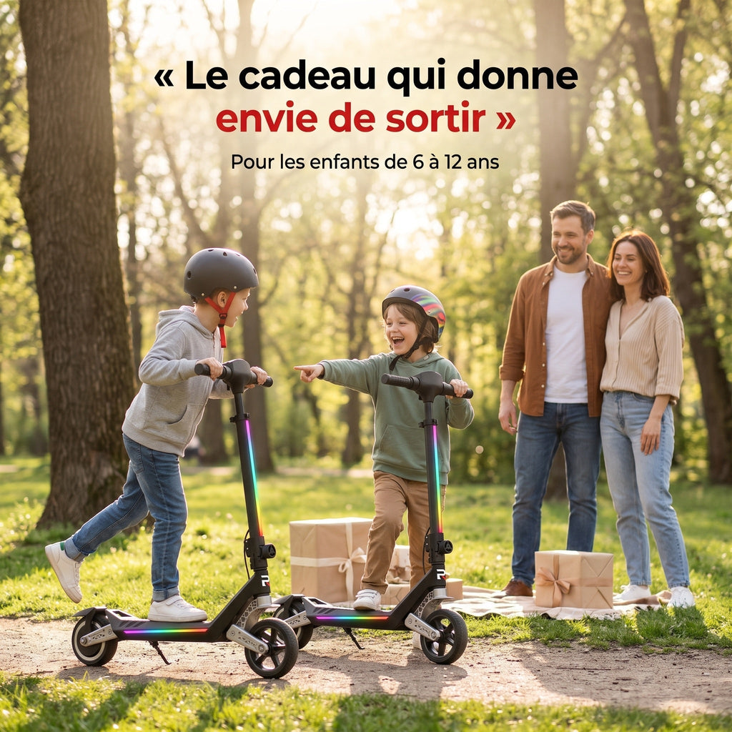 Trottinette électrique pour enfant REVO MiniPulse 16 – 6 à 12 ans – 5/10/16 km/h – Autonomie 9 km – Double suspension – Bluetooth et LED