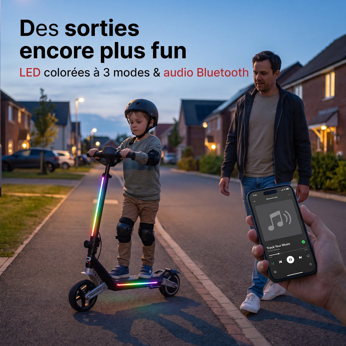 Trottinette électrique pour enfant REVO MiniPulse 16 – 6 à 12 ans – 5/10/16 km/h – Autonomie 9 km – Double suspension – Bluetooth et LED