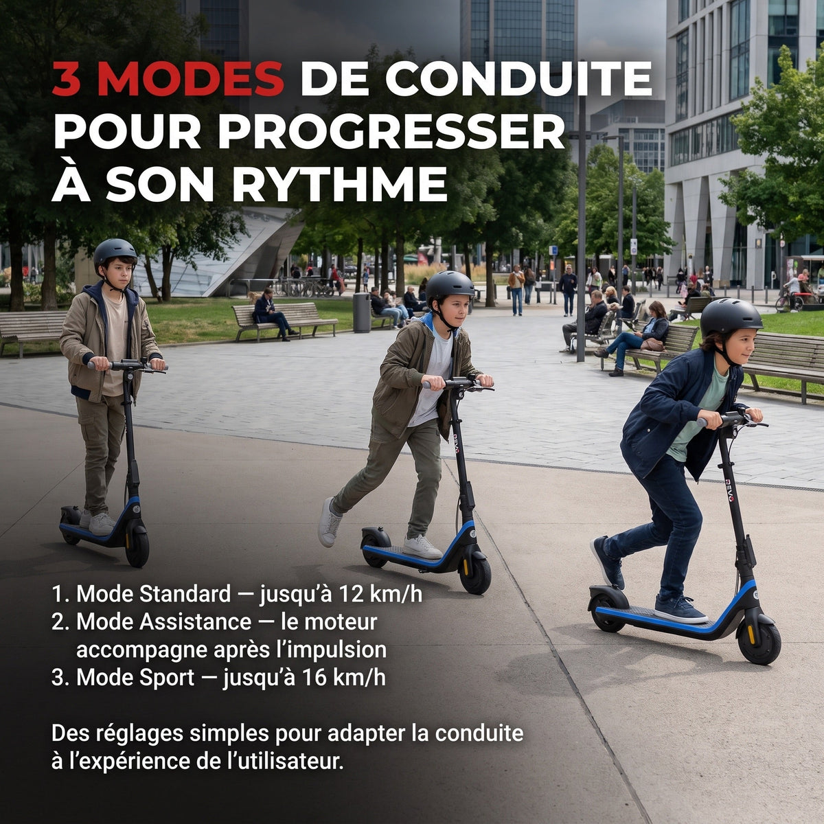 Trottinette électrique pour enfant REVO Kinetik 16 – Jusqu’à 16 km/h – Autonomie jusqu’à 16 km – 3 modes de conduite – Guidon réglable