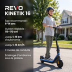 Trottinette électrique pour enfant REVO Kinetik 16 – Jusqu’à 16 km/h – Autonomie jusqu’à 16 km – 3 modes de conduite – Guidon réglable