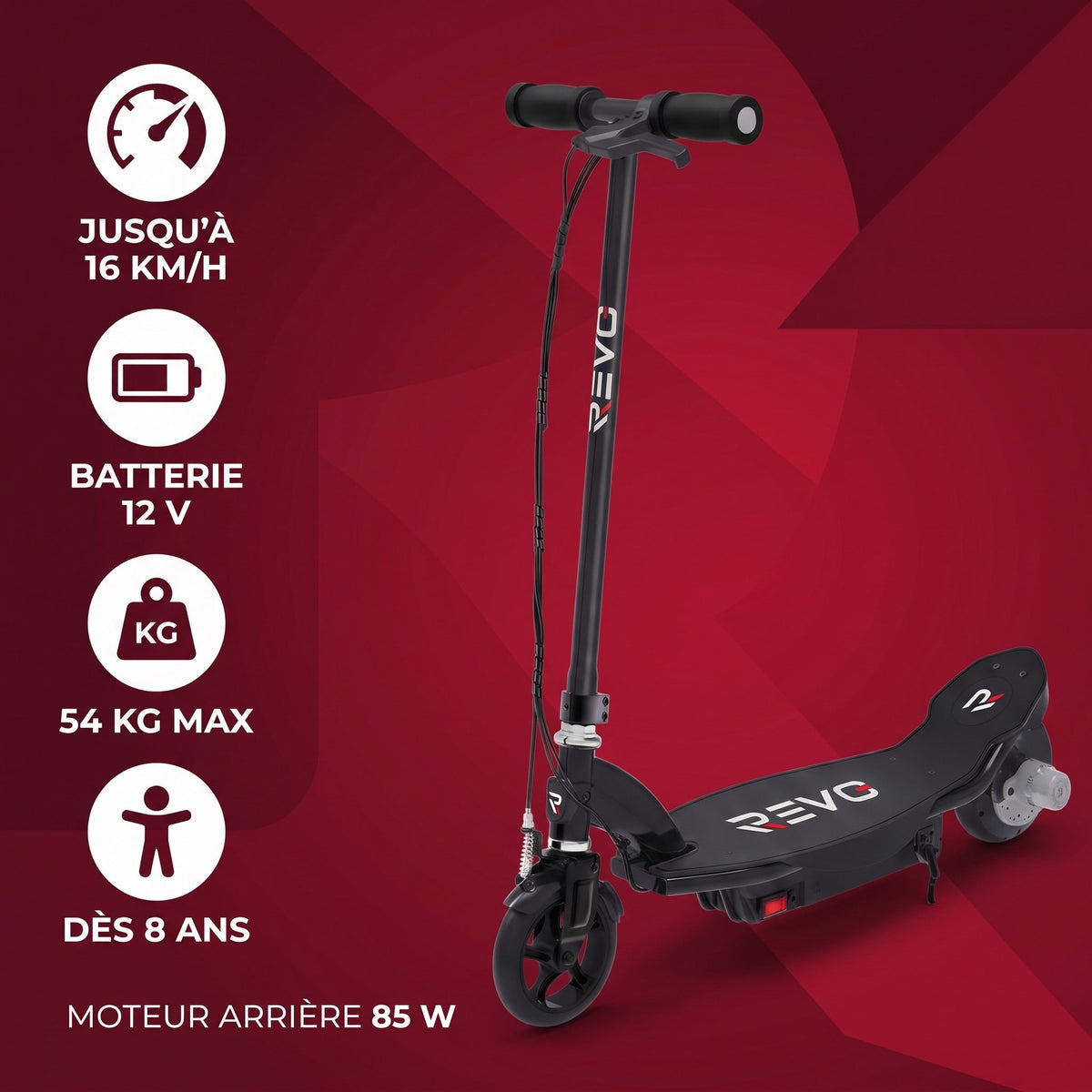Trottinette électrique pour enfant REVO Junior 85 – 85 W – Jusqu’à 16 km/h – Batterie 12 V – Dès 8 ans