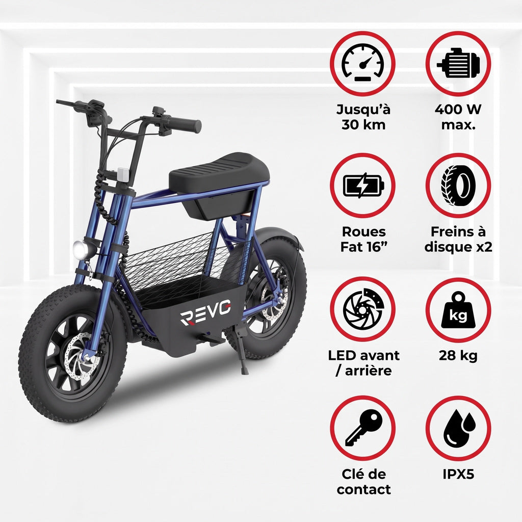 Draisienne électrique REVO Helix 16 – 400 W – Autonomie jusqu’à 30 km – Roues Fat 16" – Double frein à disque