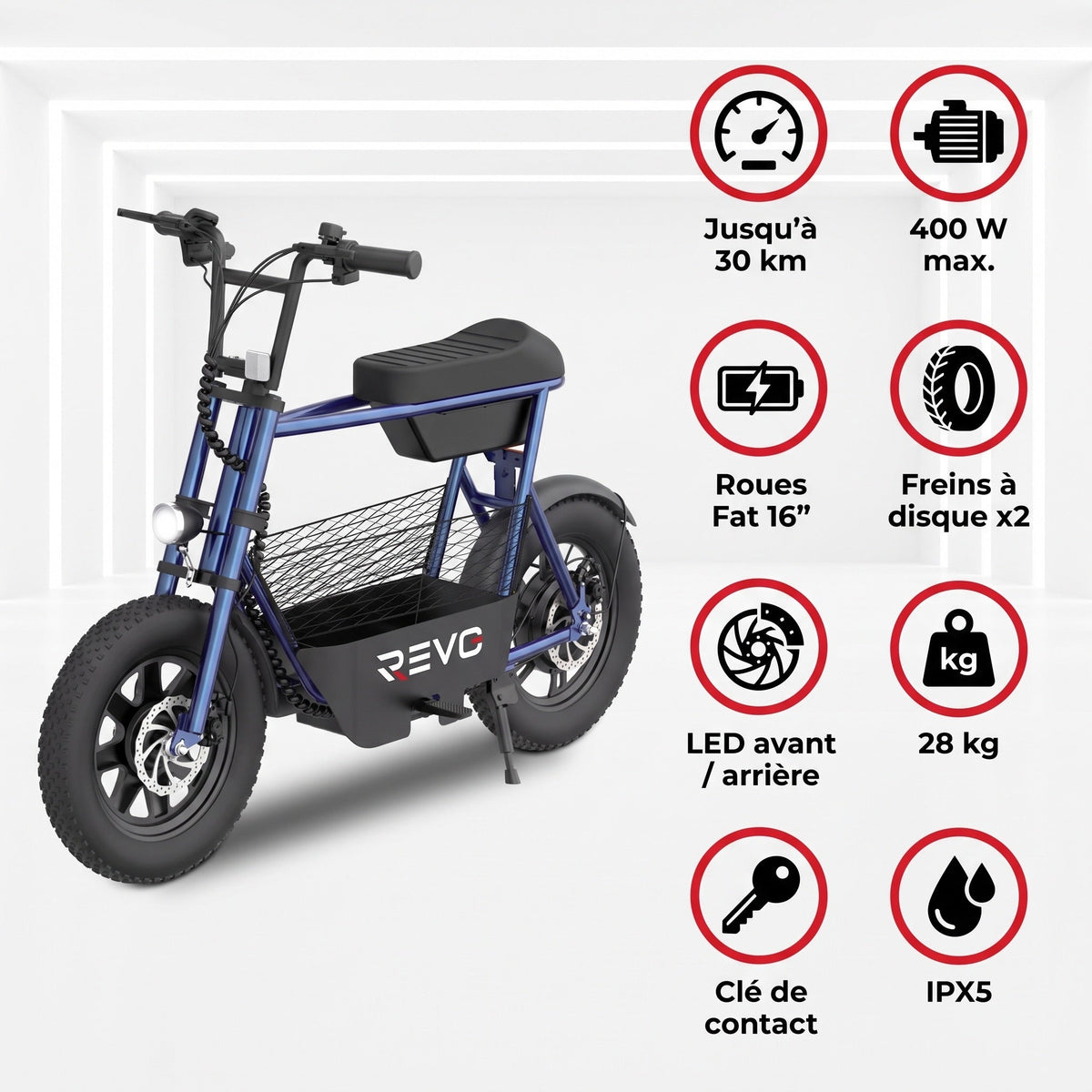 Draisienne électrique REVO Helix 16 – 400 W – Autonomie jusqu’à 30 km – Roues Fat 16" – Double frein à disque