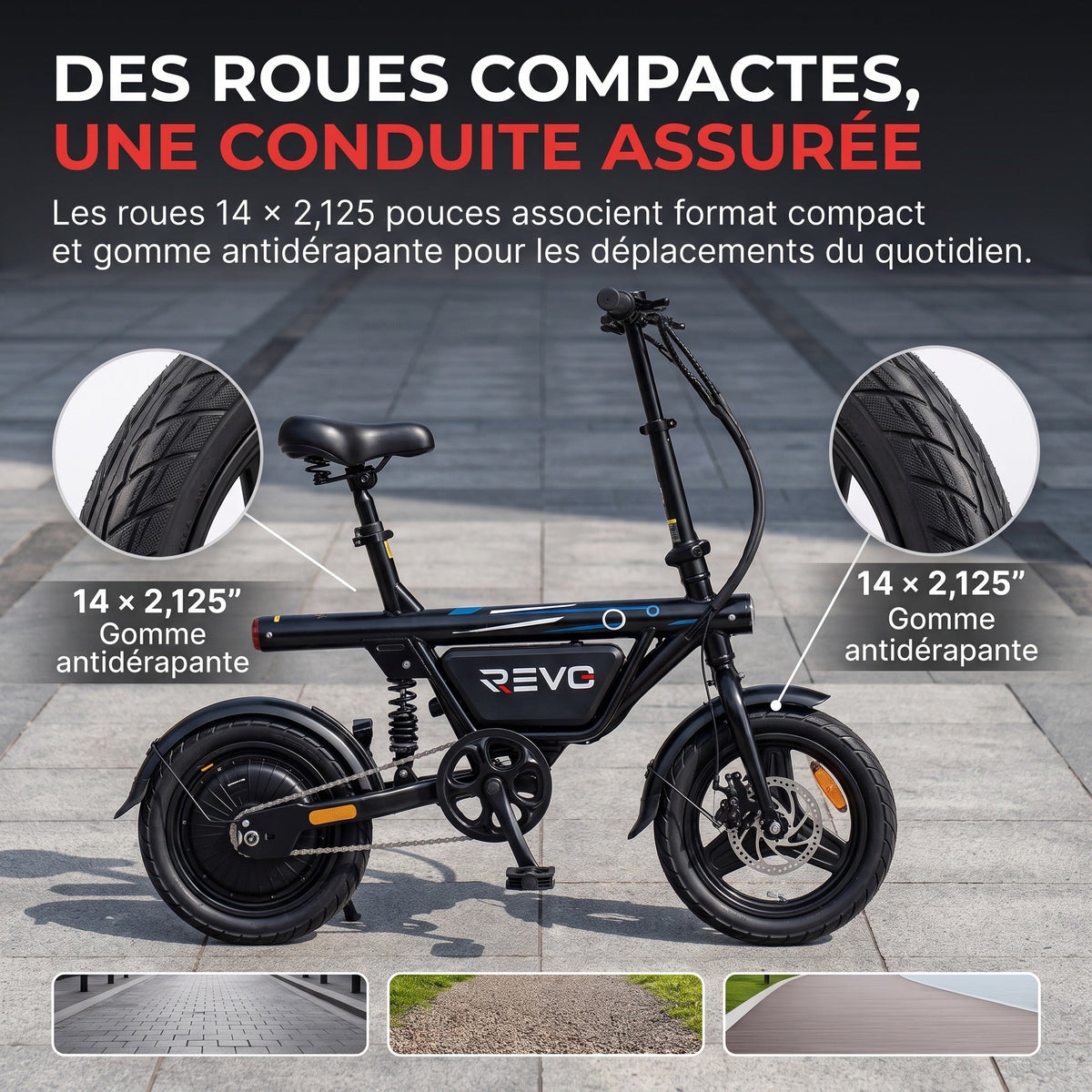 Draisienne électrique pliable REVO Foldix 14 – 250 W – Batterie 36 V 12 Ah – Autonomie jusqu’à 50 km – Application – Roues 14"