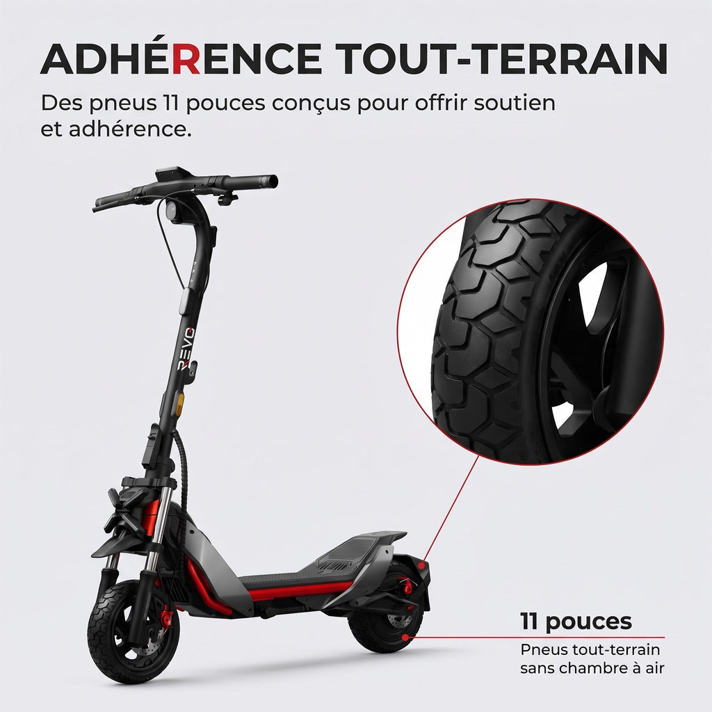 Trottinette électrique REVO Vanguard 11 – 25 km/h – Pneus tout-terrain 11″ – Double suspension – Charge 120 kg