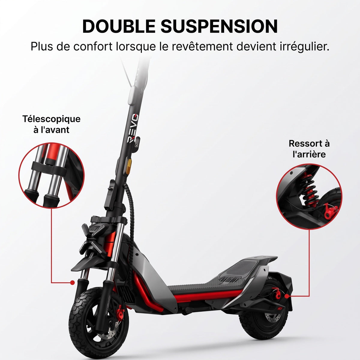 Trottinette électrique REVO Vanguard 11 – 25 km/h – Pneus tout-terrain 11″ – Double suspension – Charge 120 kg